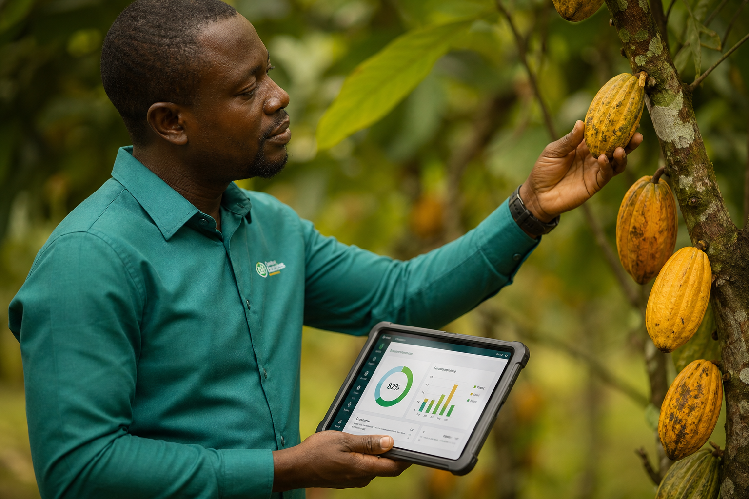 Agronome inspectant des cabosses de cacao avec une tablette de suivi